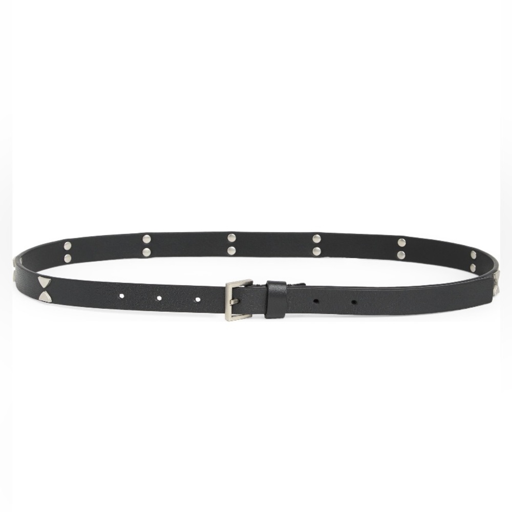 AllSaints skinny black leather belt feat. antique nickel triangular studs, NWT